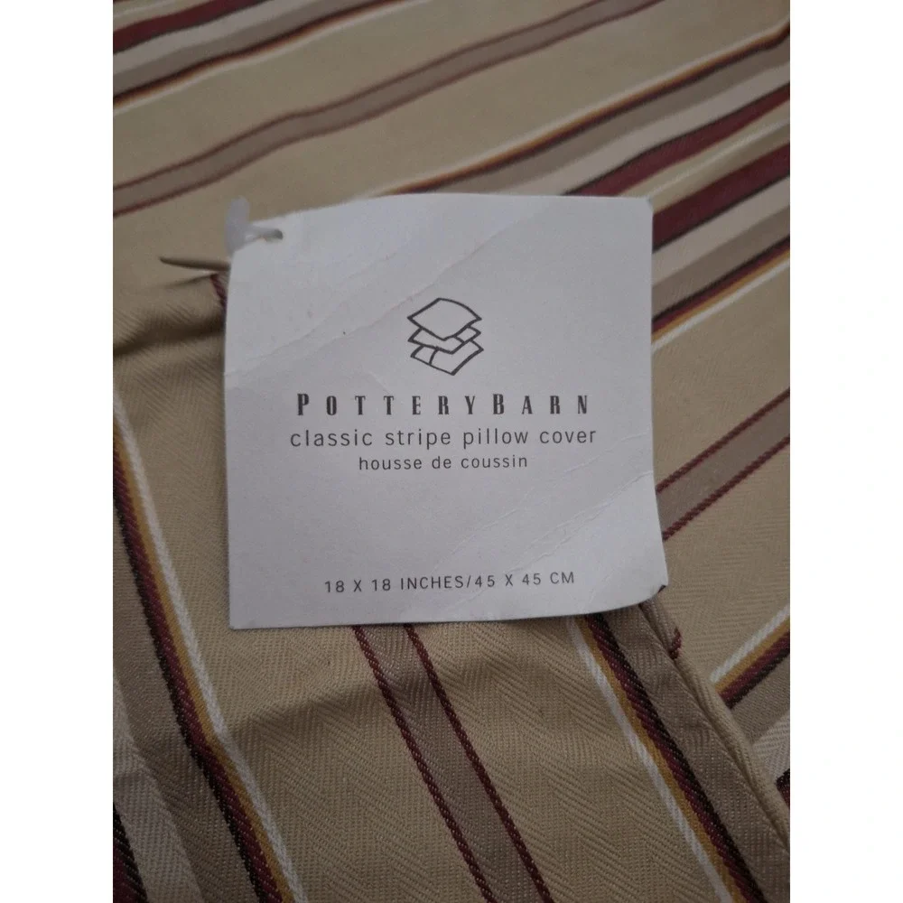Pottery Barn Classic Stripe Pillow Cover 18x18 Tan Burgundy Gold Cotton NWT